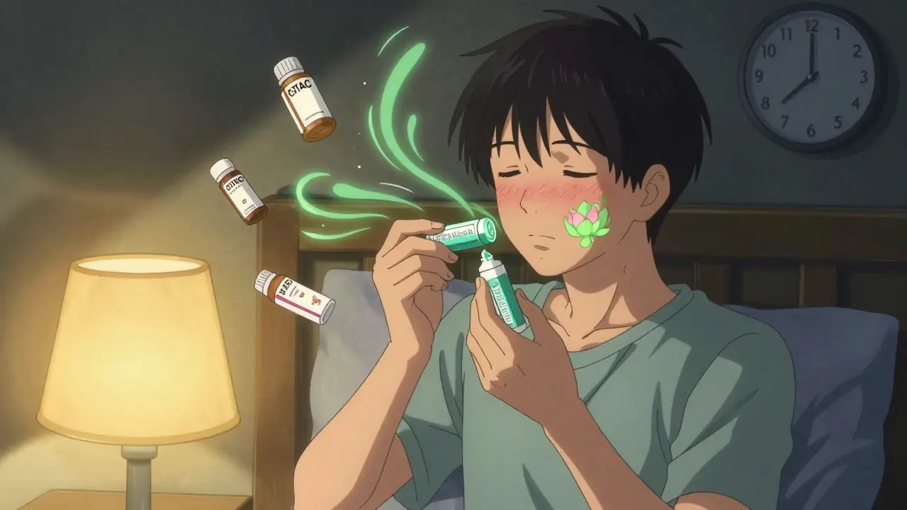 A teen applying adapalene at night, green energy waves clearing pores like lotus petals, with OTC pill bottles nearby.