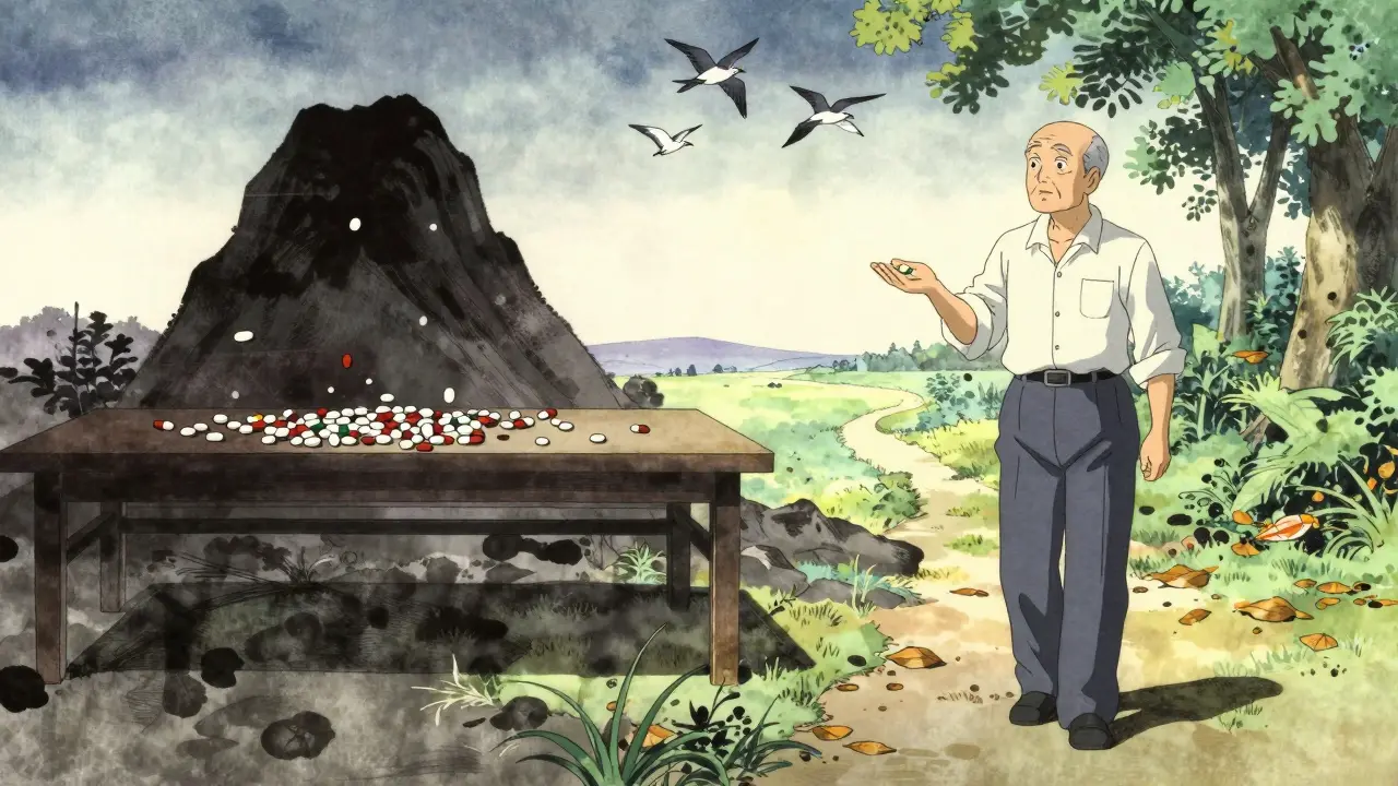 Before and after journey: crowded pills vs. one pill in garden, ink-wash anime style