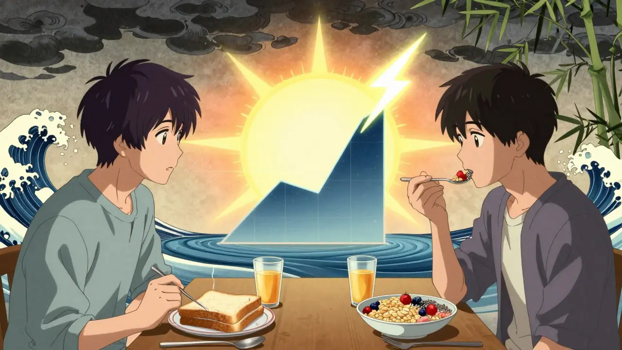 Contrasting meals: one with high-GI foods causing stormy energy, another with low-GI foods radiating calm sunlight.