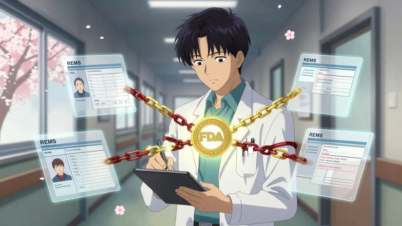 Doctor signing a tablet surrounded by REMS requirements, with a glowing FDA seal and falling cherry blossoms.