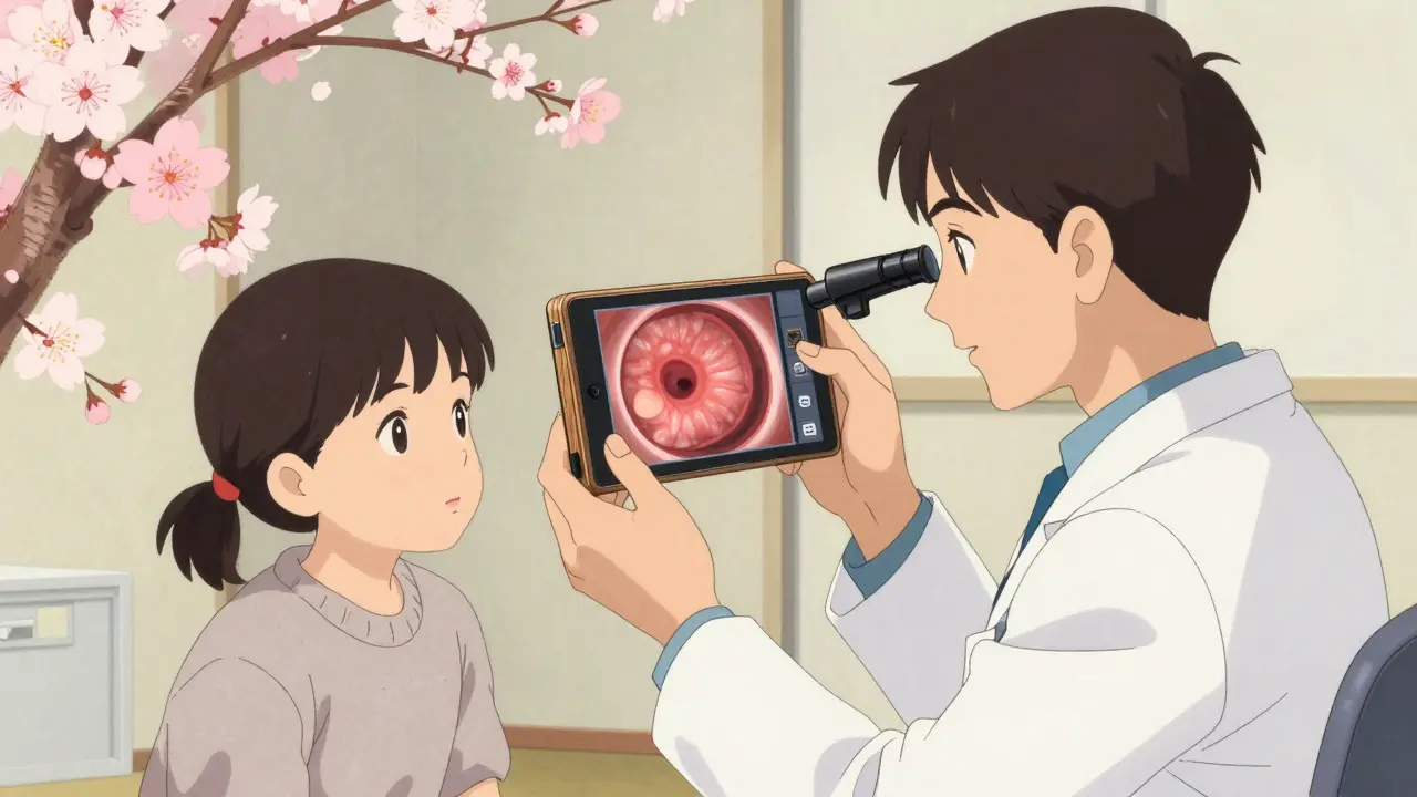 Doctor using smartphone otoscope device to check ear in traditional medical setting