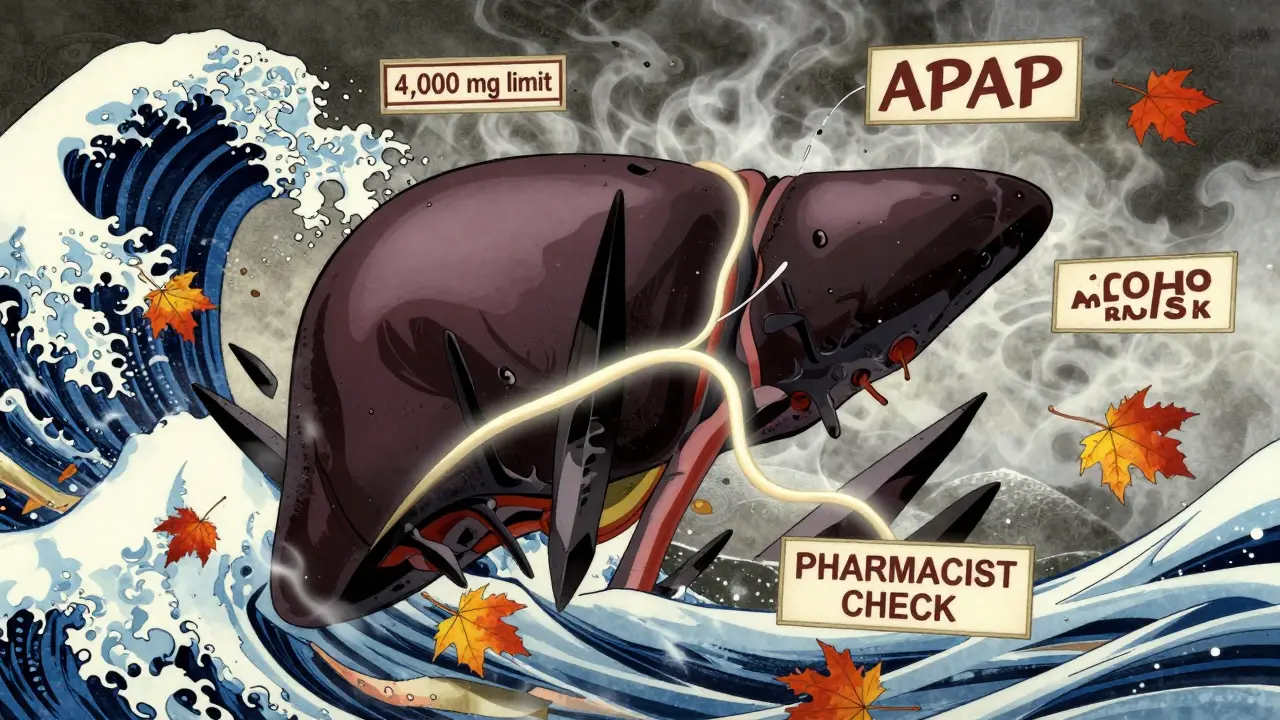 Human liver under attack by dark shards, repaired by a glowing therapeutic ribbon, surrounded by warning labels.