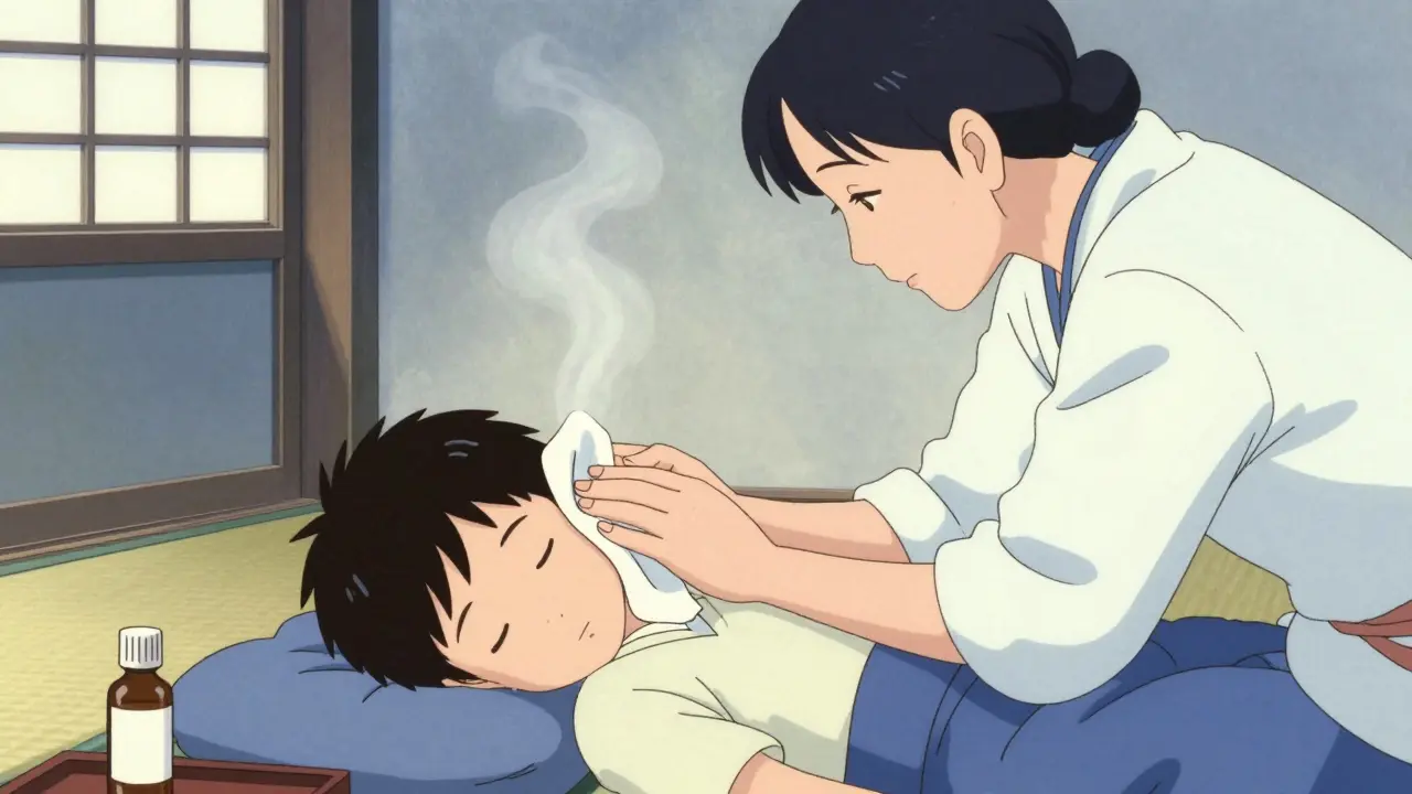 Parent applying warm compress and medicine to child's ear in Japanese setting