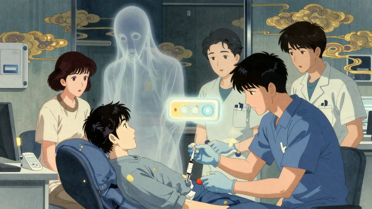 Patient receiving an injection in a clinic as healthcare workers monitor a hovering timer with traditional Japanese motifs.