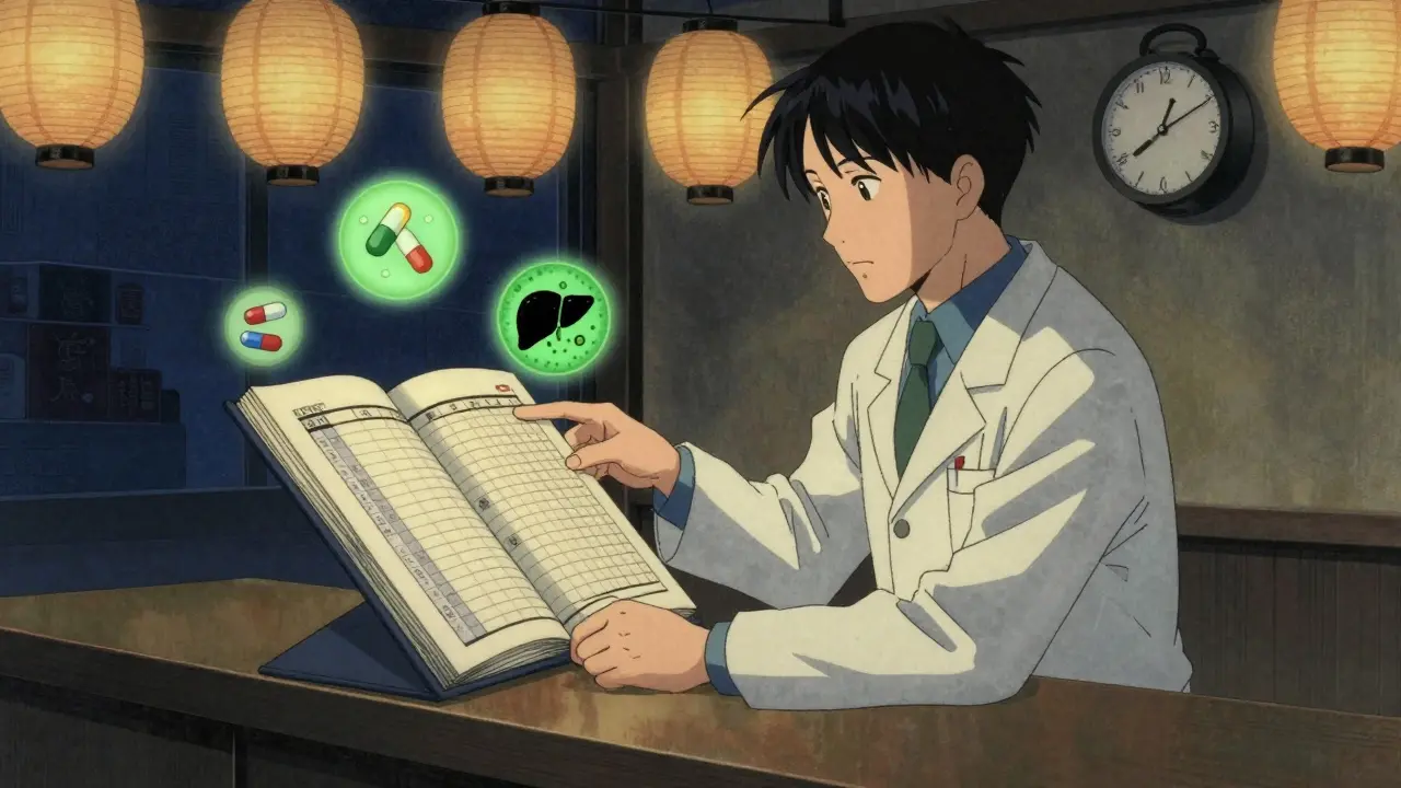 Pharmacist guiding a patient through a medication logbook with floating pill icons and liver cell indicators.
