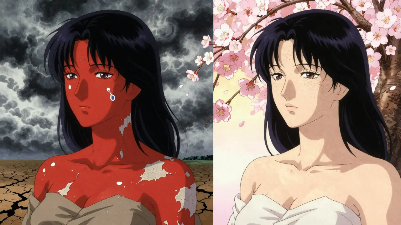 Split image: left shows irritated skin during retinoid purging, right shows radiant skin after six months, connected by cherry blossoms.