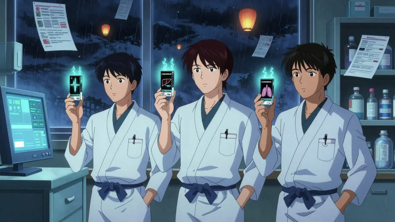 Three pharmacists in kimono-style scrubs face glowing black box warnings above drugs, with heartbeat, liver, and lung symbols, in a cold-lit pharmacy at night.