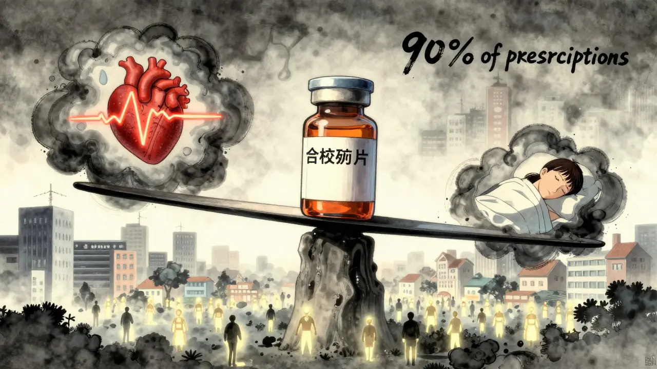 A balanced scale holds brand and generic drugs, surrounded by scenes of health, as millions of people take generics across a misty cityscape.