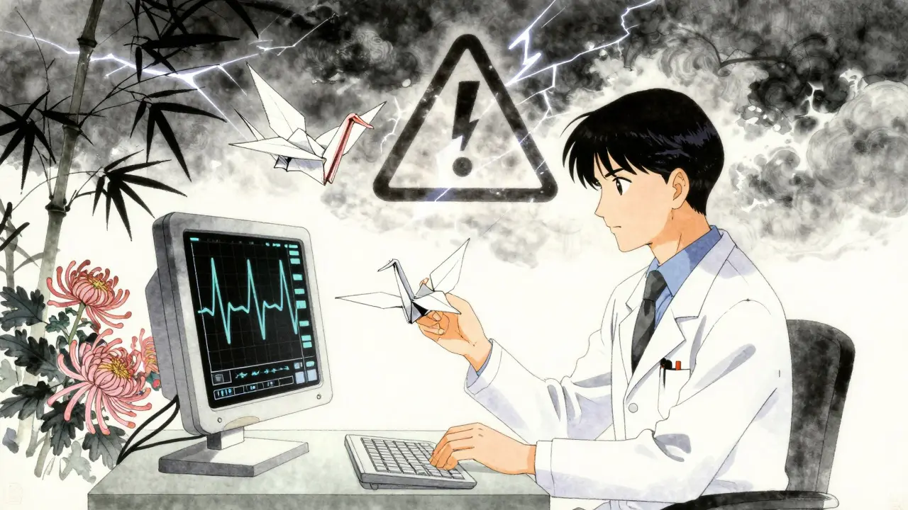 A cardiologist examining an ECG that transforms into a paper crane, one wing flying, the other falling, with symbolic Japanese elements in the background.