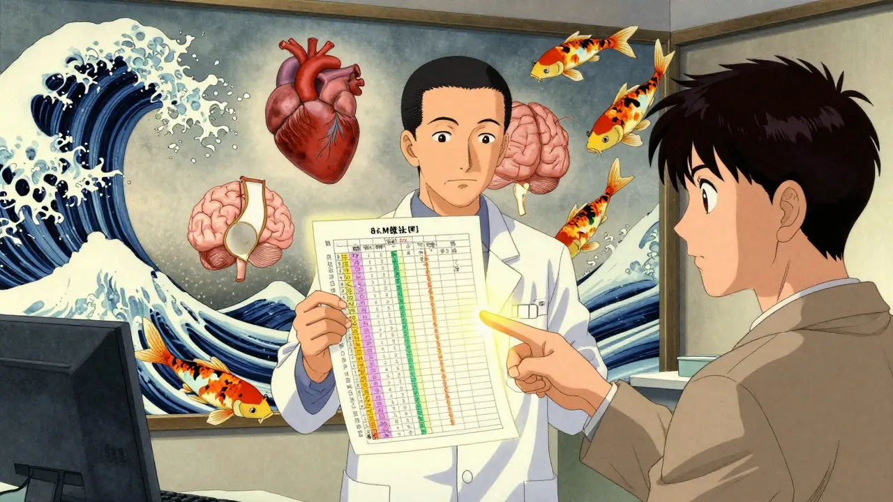 A pharmacist and patient reviewing a color-coded symptom chart, with ink-wash waves forming medical icons in the background.