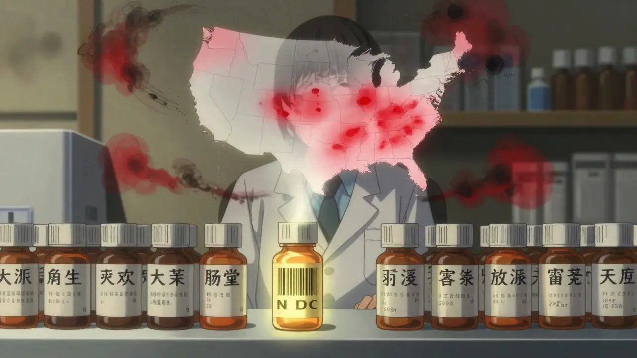 A pharmacist faces rows of generic drug bottles with glowing NDC codes projecting a map of unreported adverse events.
