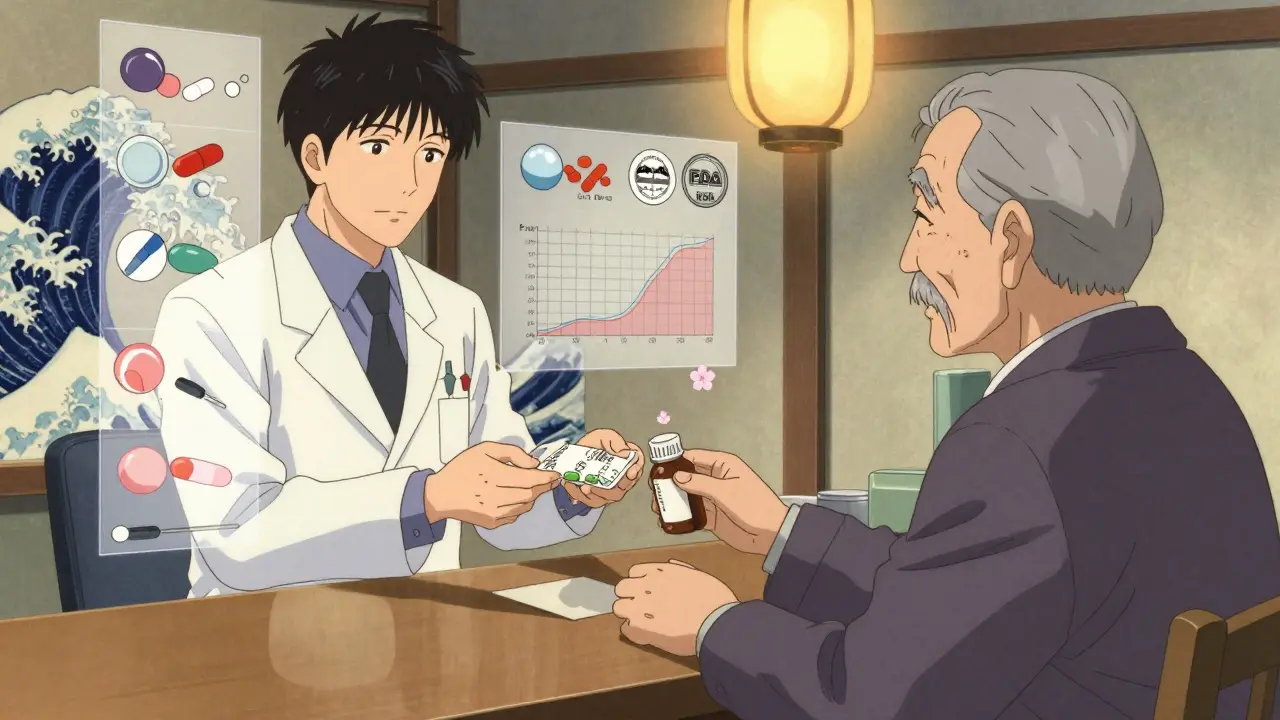 A pharmacist hands a prescription to an elderly patient with floating educational panels in ukiyo-e style.