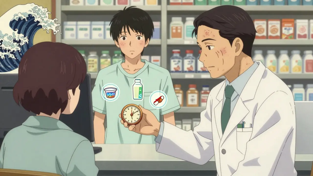 A pharmacist shows a timing wheel to help patients avoid dairy with antibiotics.