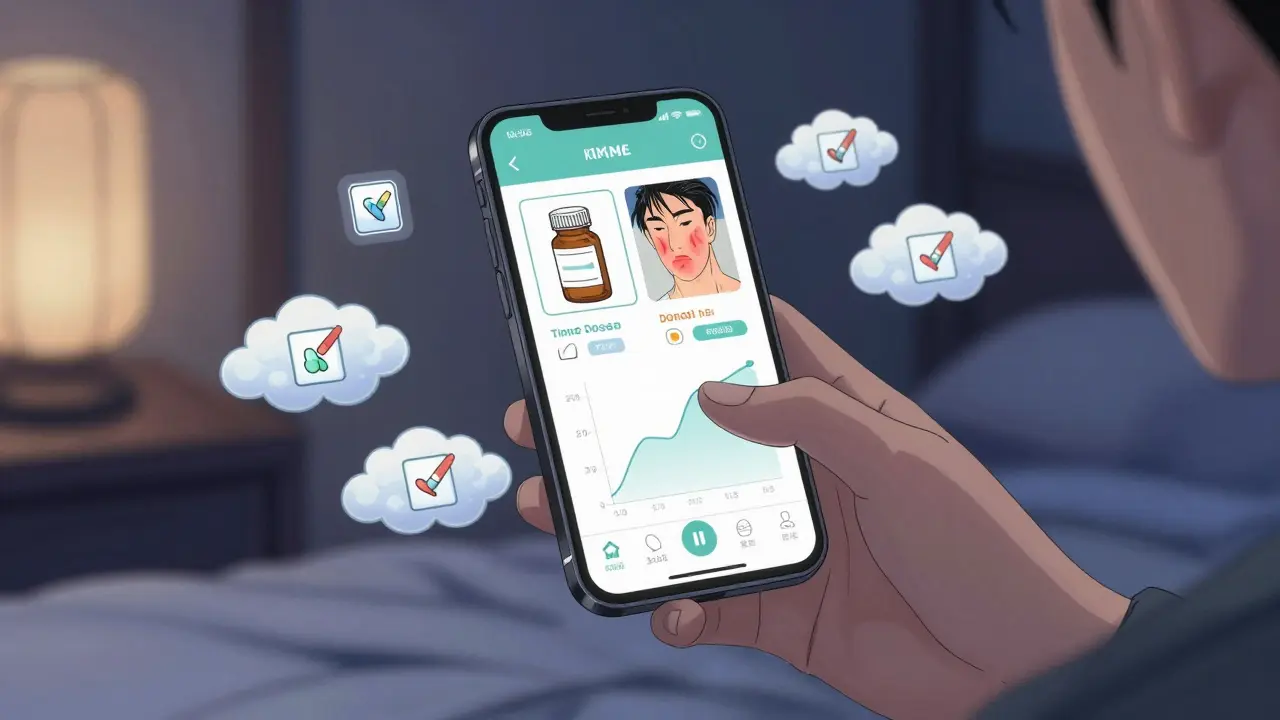 A smartphone displaying a symptom app with animated charts and a photo of a rash, surrounded by traditional cloud motifs.