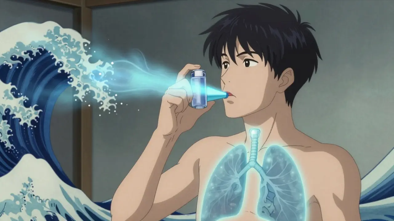 A teen using an inhaler with a spacer, visualized as luminous blue medication flowing into the lungs.