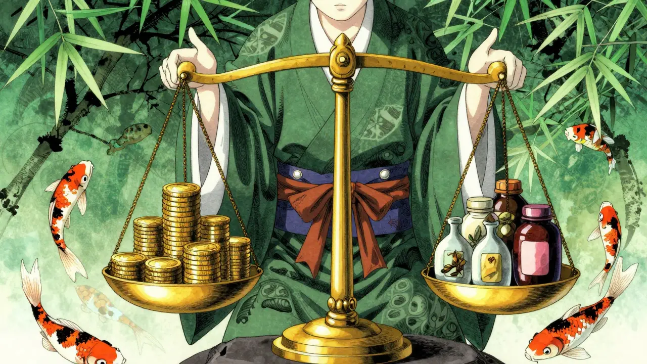 A traditional scale balances golden coins and medicine bottles amidst bamboo patterns.