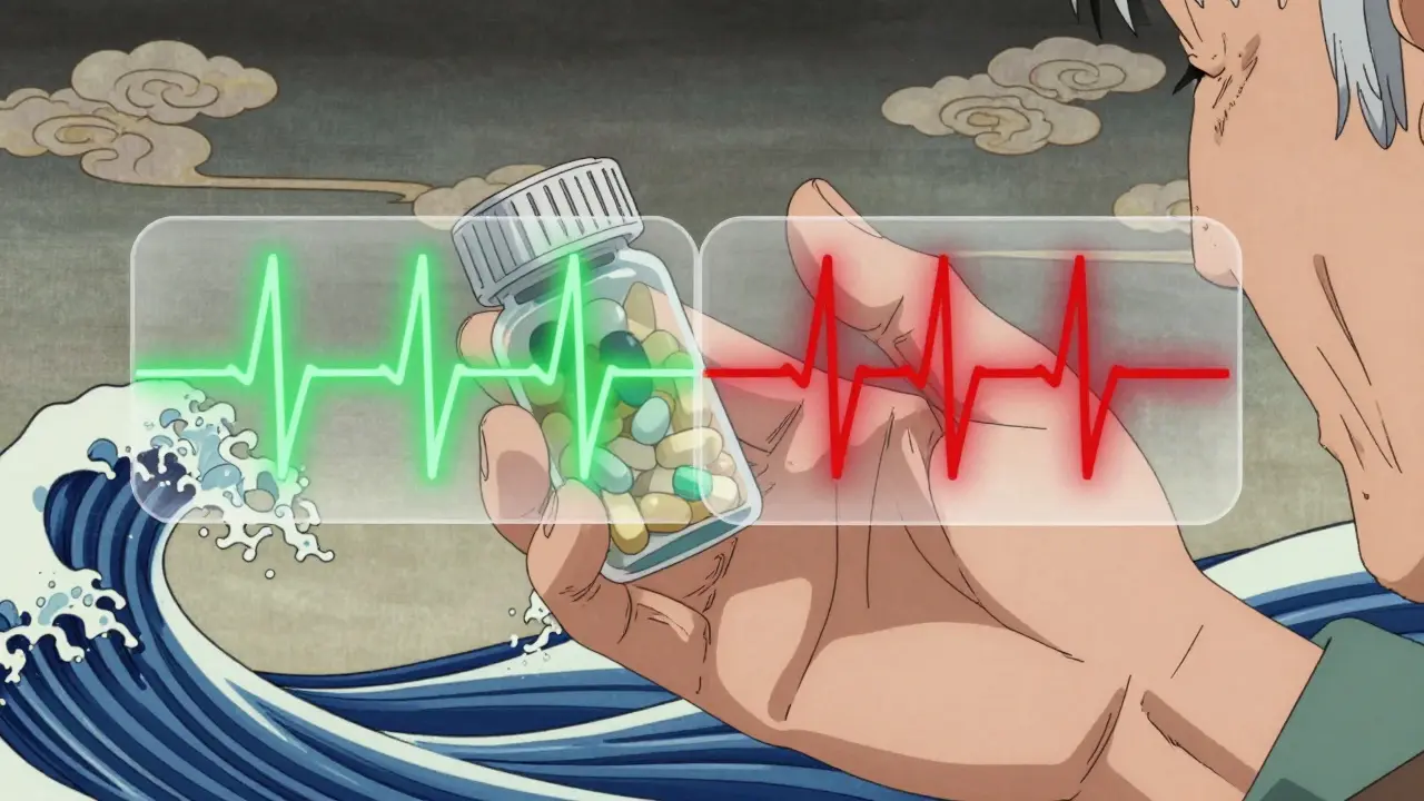 An elderly person's hand holding a pill bottle with two transparent heart overlays showing healthy and dangerous rhythms.