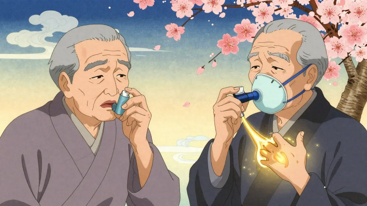 An elderly person switching from a difficult inhaler to a spacer with mask, symbolizing improved ease of use.