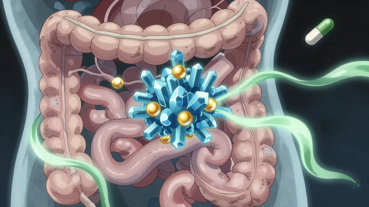 Calcium ions binding to an antibiotic in the gut, blocking absorption while others flow freely.