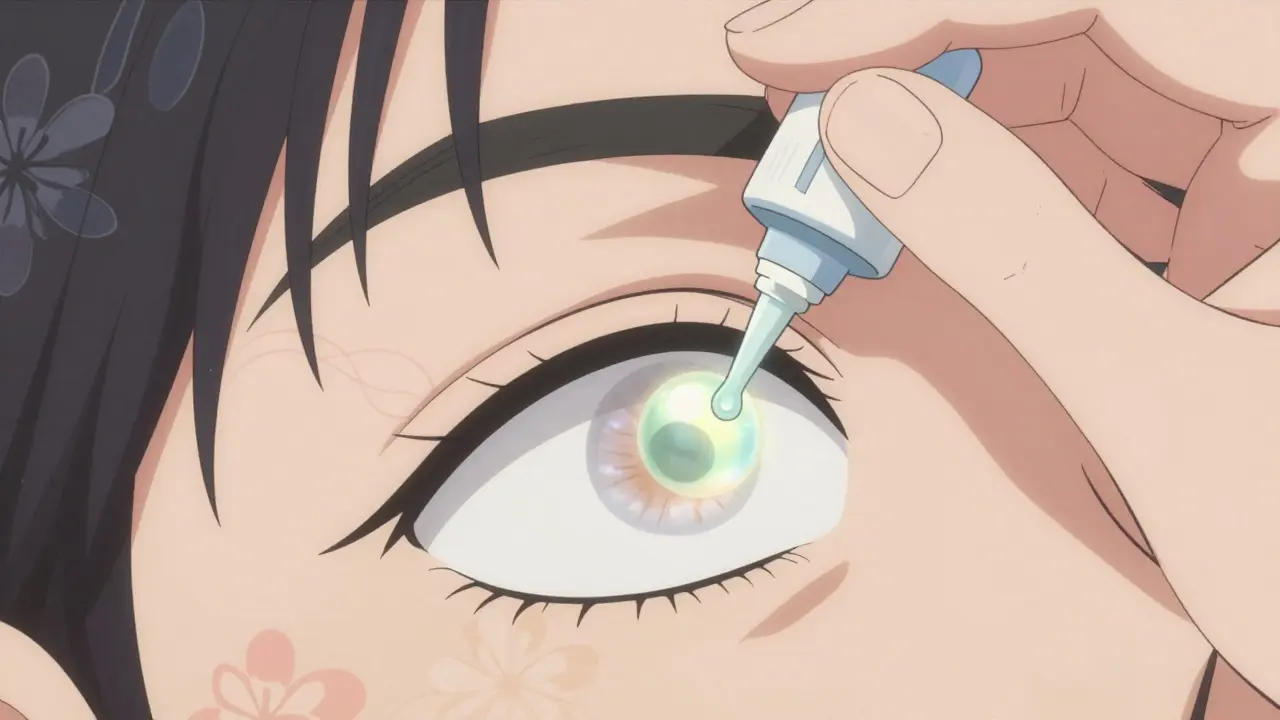 Close-up of eye drop bottle releasing glowing liquid near an eye