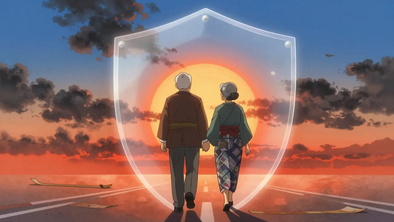 Couple walks toward sunrise protected by a glowing barrier representing cost caps.