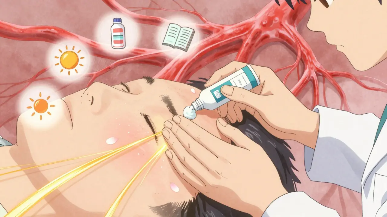 Dermatologist applying cream as golden anti-inflammatory threads spread beneath skin, with skincare icons nearby.