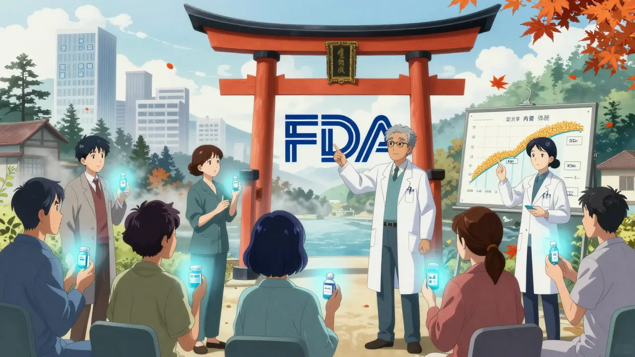 Diverse patients receive generic medications in a clinic with an FDA logo shaped like a torii gate and cost-saving visuals.