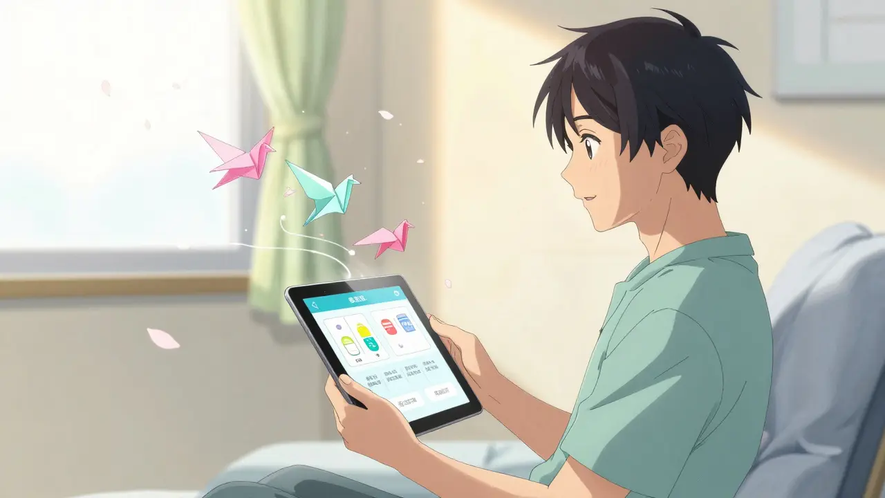 Patient viewing floating digital guide among cherry blossoms