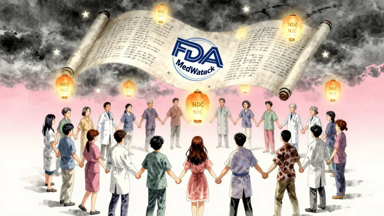 Patients and providers form a circle, their bodies turning into lanterns with NDC codes as reports rise like stars on a scroll.