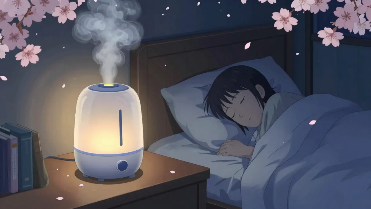 Peaceful bedroom scene with humidifier mist and sleeping figure