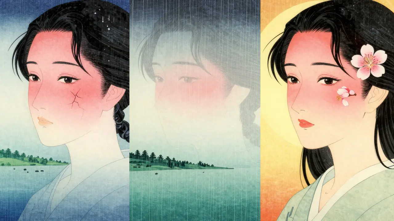 Seasonal journey of rosacea treatment from winter flare to summer calm, with cherry blossoms symbolizing healing.