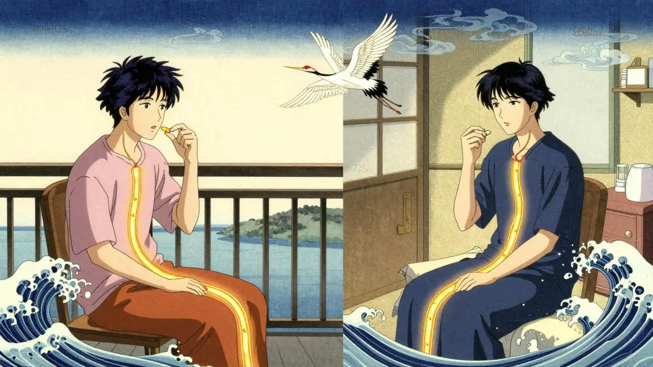 Two patients take pills in different settings, their bloodstreams glowing identically, symbolizing bioequivalence with ukiyo-e wave patterns.