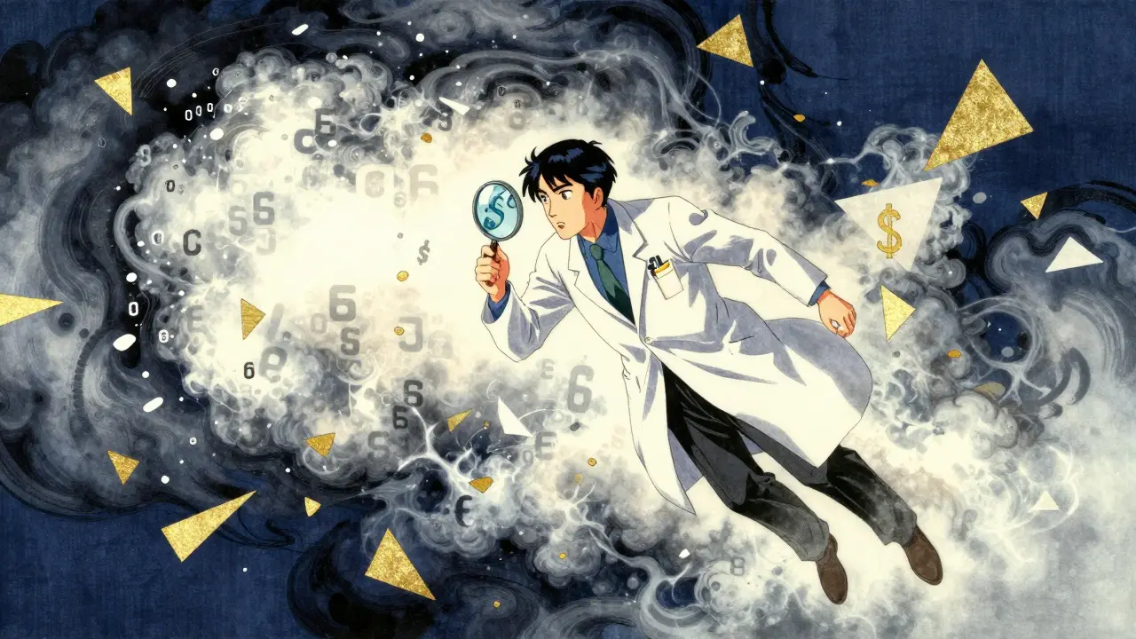 A doctor looking confused amidst a chaotic swirl of shifting drug prices and numbers.