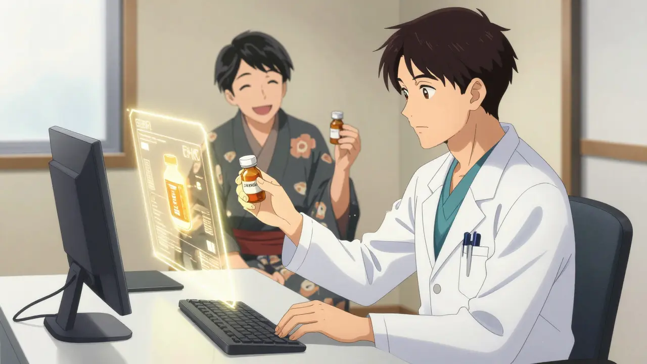 A doctor using a digital tool to find an affordable medication for a happy patient.