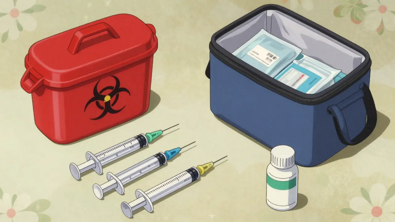 Arrangement of a sharps container, syringes, and a medical cooler in Ukiyo-e anime style