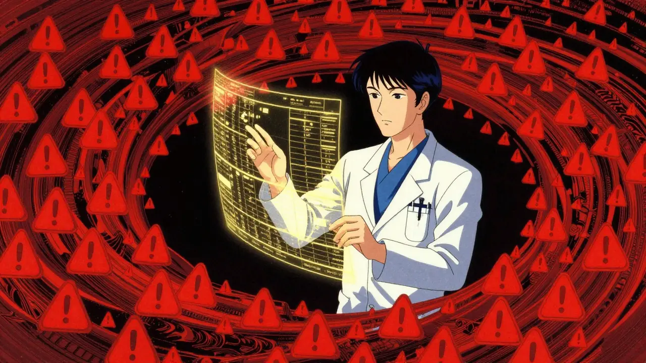 Clinician filtering through a vortex of digital medical alerts in Ukiyo-e anime style.
