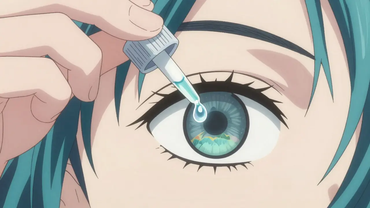 Close-up of a stylized eye dropper dispensing a drop into an eye in Ukiyo-e anime style