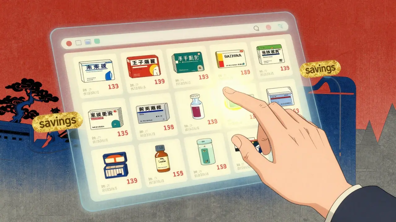 Conceptual anime art of selecting affordable generic medication on a digital screen