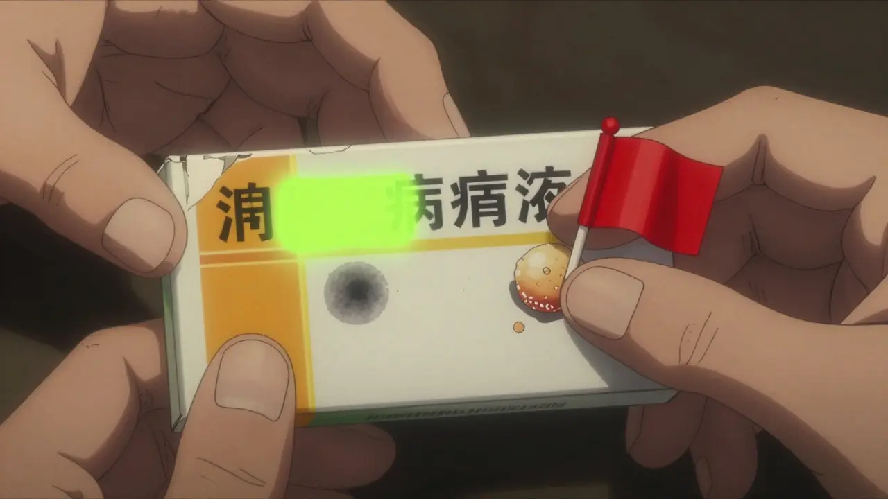 Detailed anime illustration of hands holding a medicine box with blurred labels and crumbly pills.