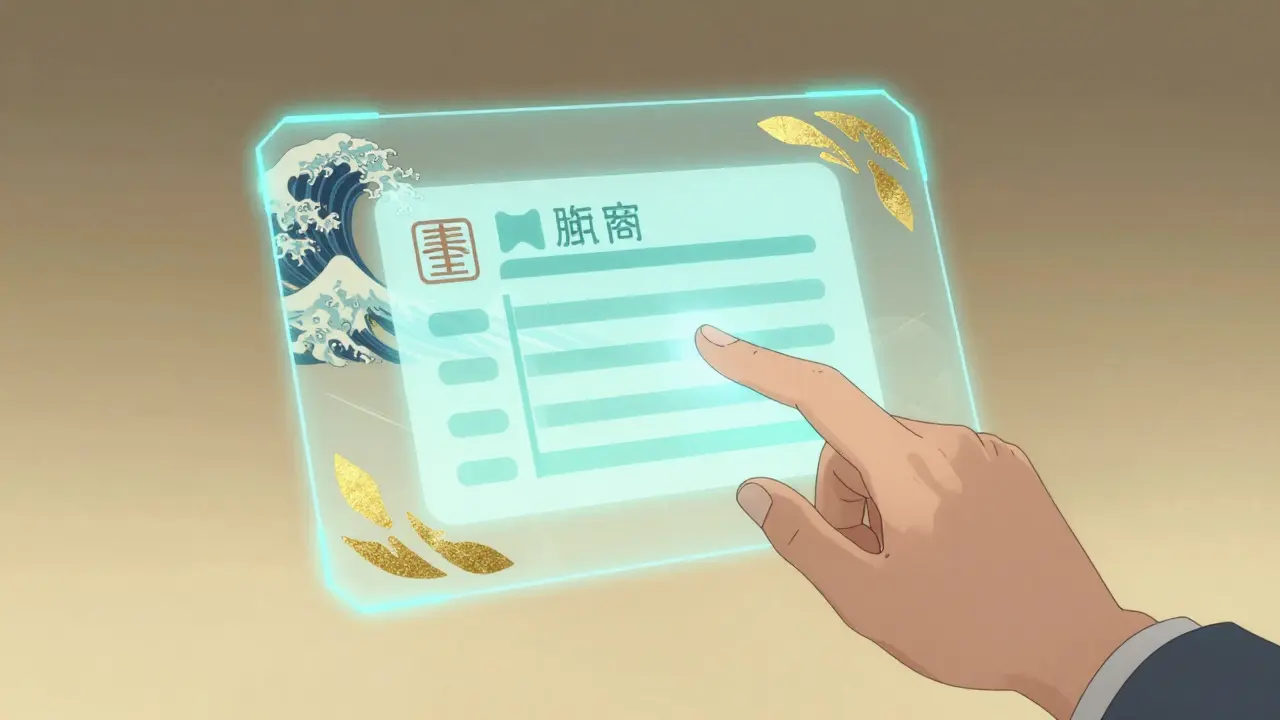 Digital prescription and holographic medical interface with traditional Japanese wave patterns