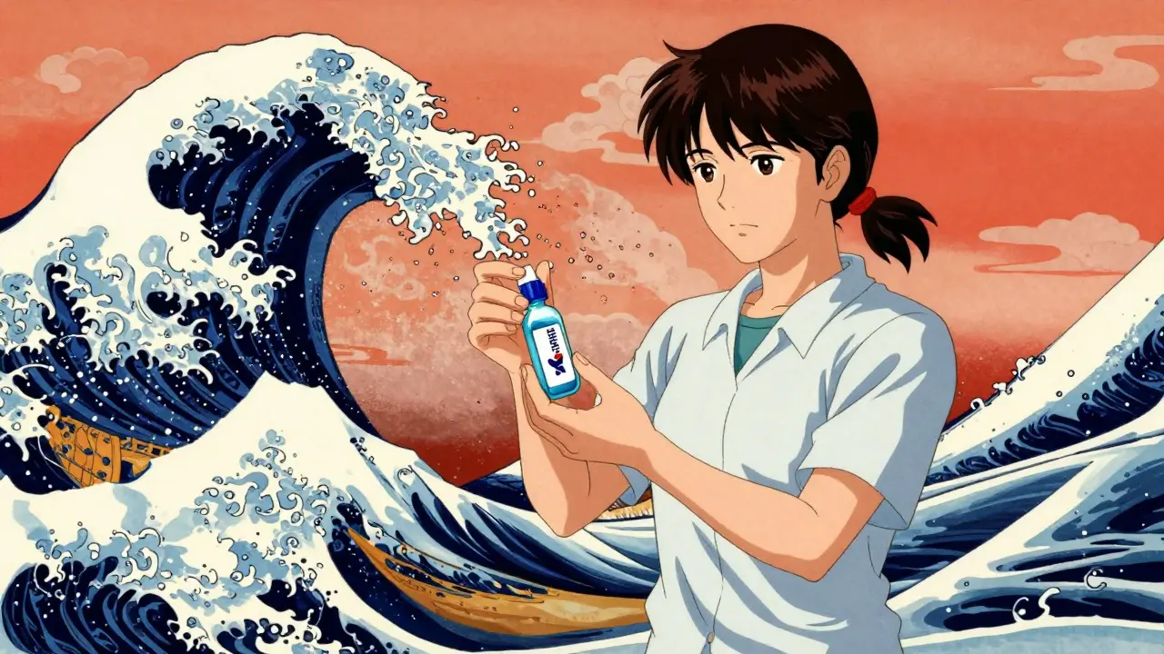 Empowered patient holding a naloxone kit surrounded by stylized waves and clouds.