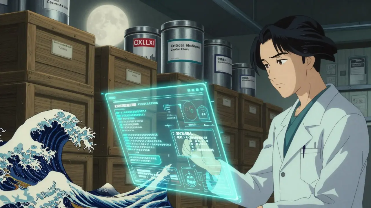 Modern medical warehouse with stockpiled medicines and digital XML interfaces in anime style.