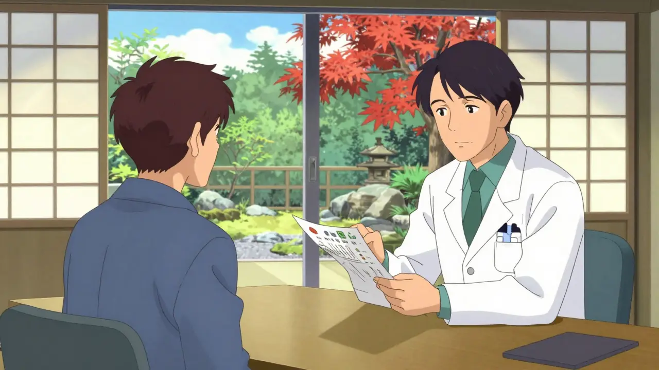Patient and doctor discussing health transition in a serene Japanese-style office