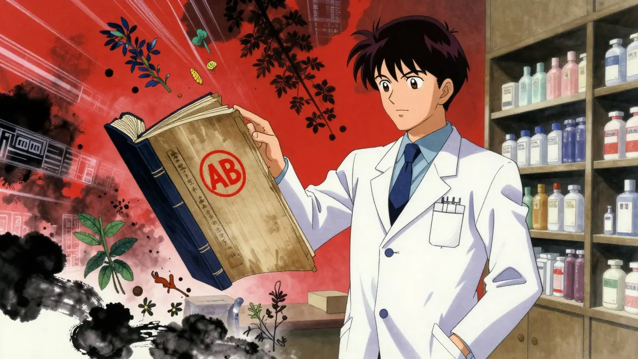 Pharmacist showing an AB-rated therapeutic equivalence seal in a traditional Japanese anime style.
