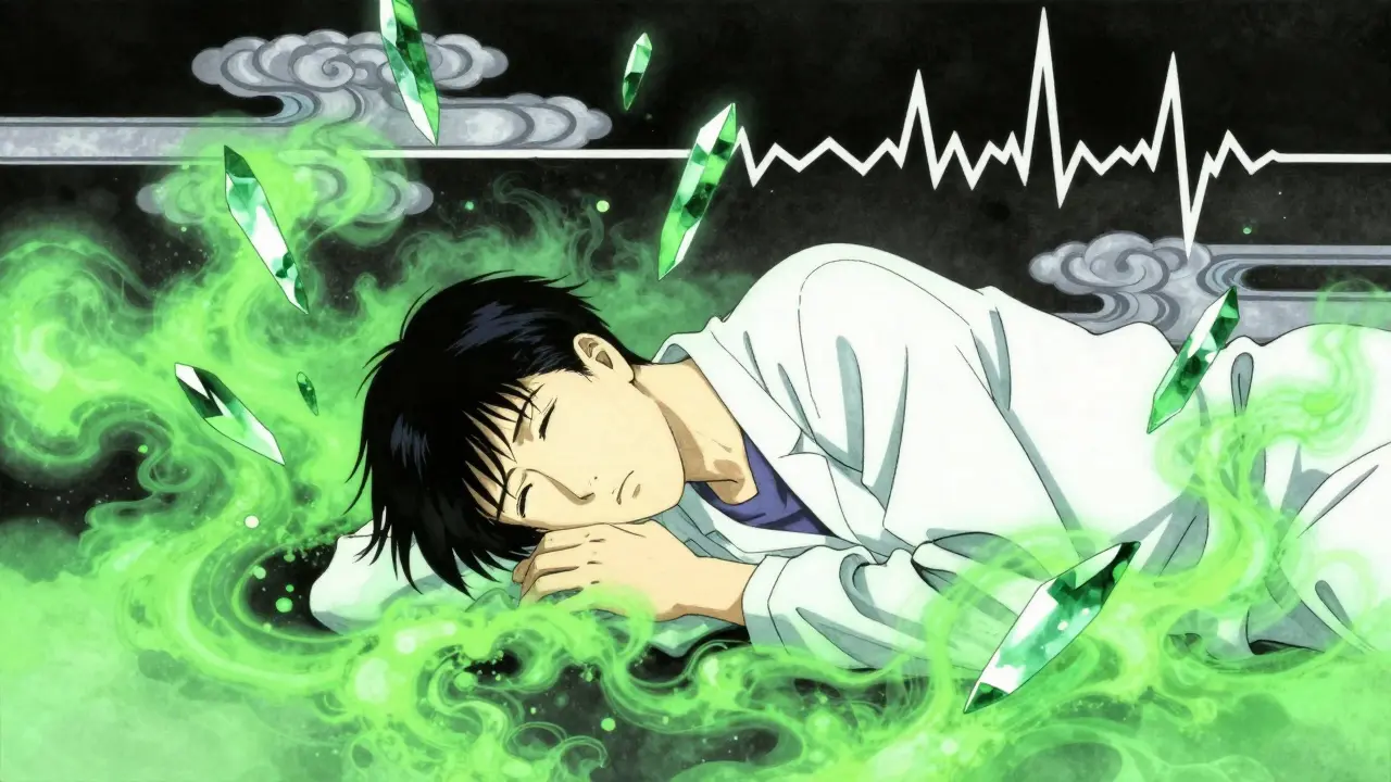 Stylized anime scene of a person in distress surrounded by toxic green vapors and a spiking heart rate line.