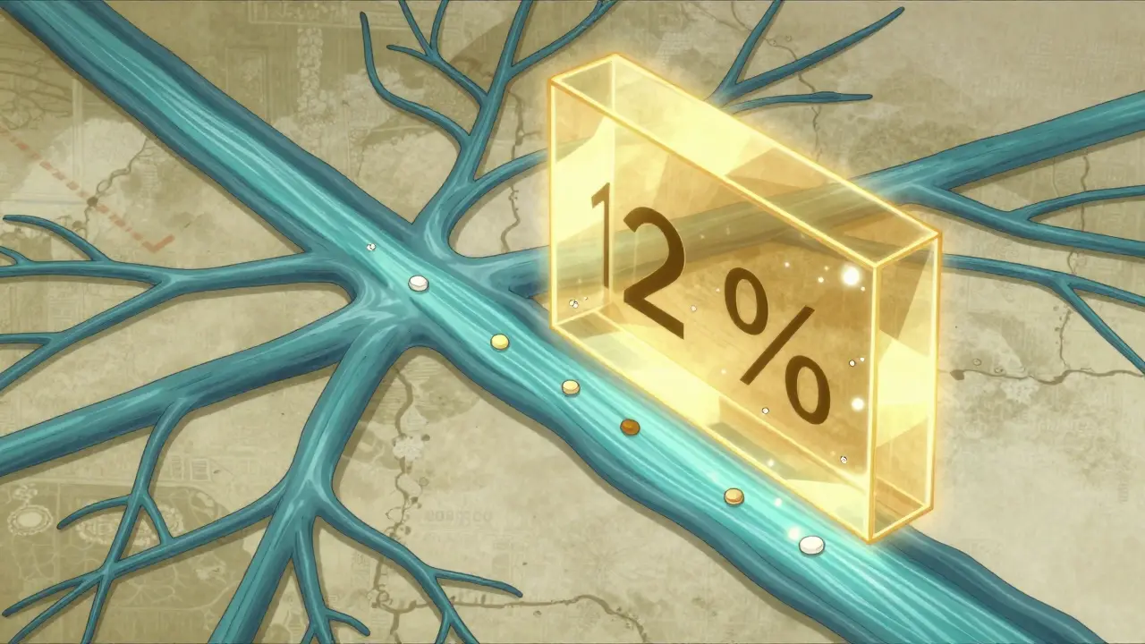 Stylized depiction of medicine absorption in the bloodstream within a precise scientific window.