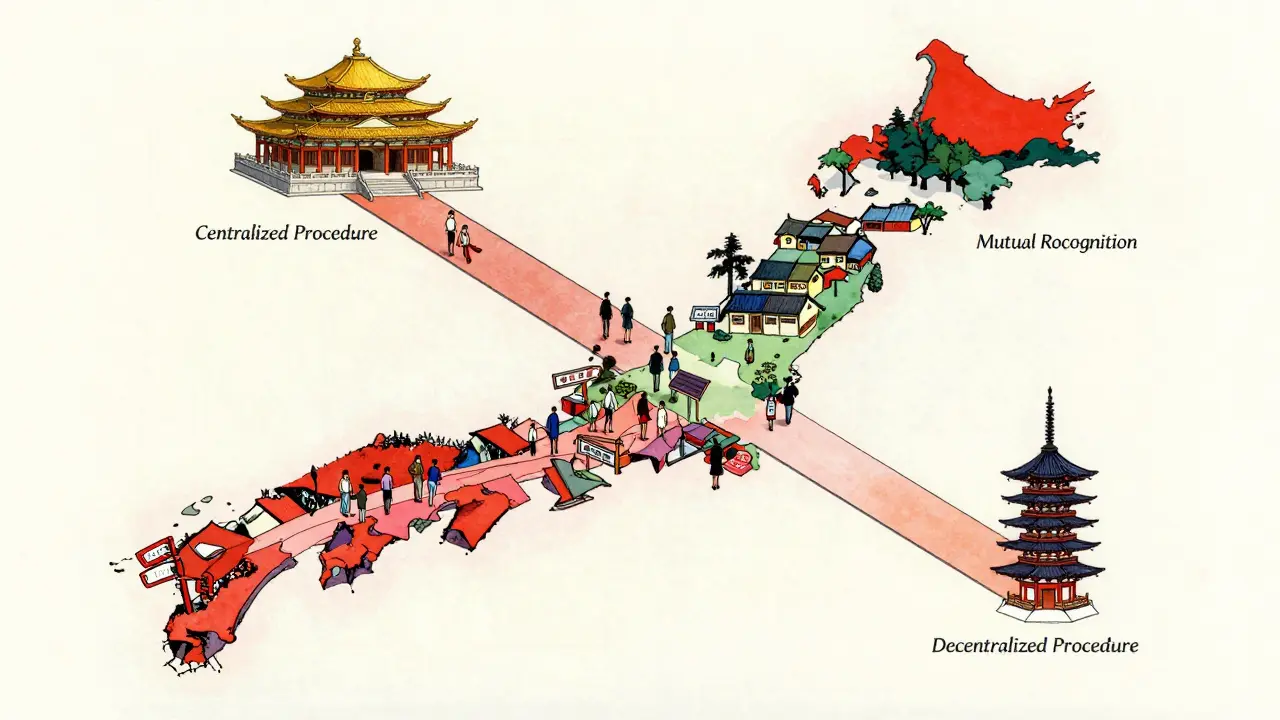 Stylized Japanese-style map showing four different regulatory paths to market approval.