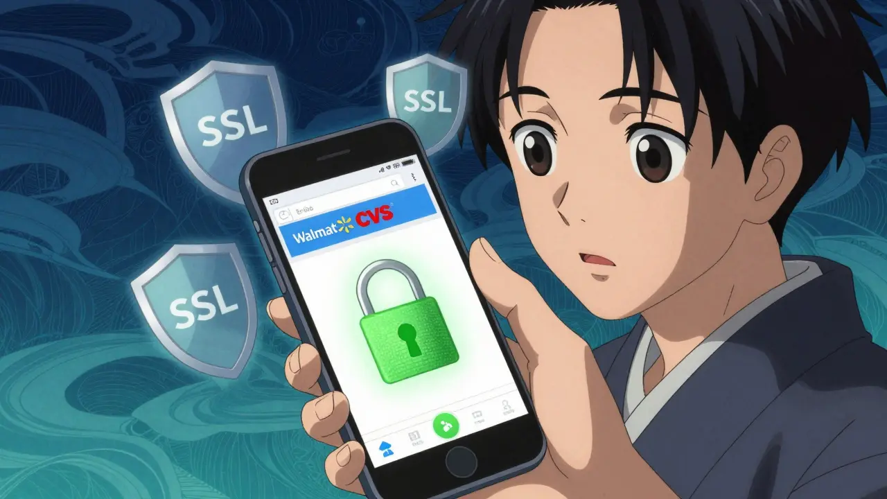 Anime character checking secure online pharmacy app with protective shield icons