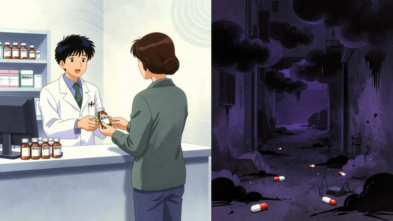 Contrast between safe pharmacy purchase and dangerous counterfeit drugs in anime style