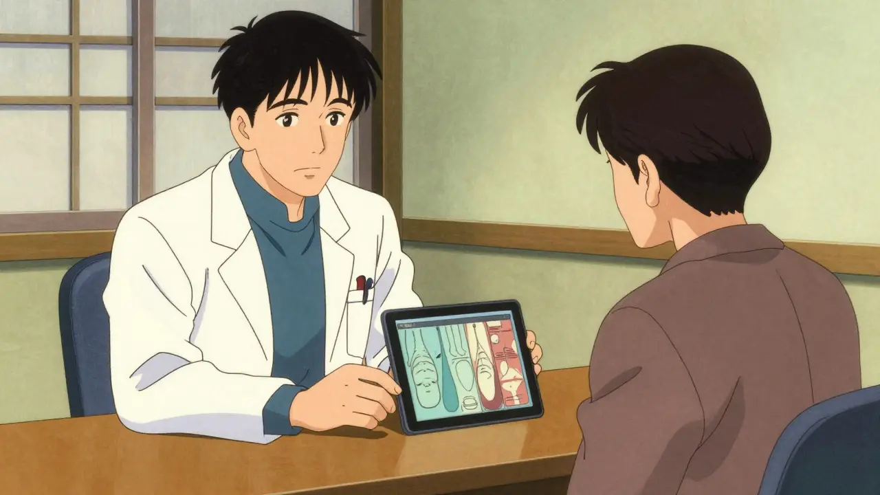 Doctor and patient discussing medication alternatives in clinic